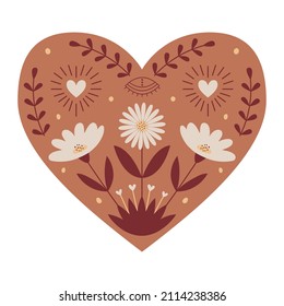 Symmetrisches Mystisches Herz mit Boho-Elementen, Auge, Blumen, Herzen und Zweigen. Dekoratives Element für Valentinstag-Karten, Verpackungsdesign. Farbvektorgrafik einzeln auf weißem Hintergrund.