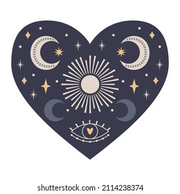 Symmetrisches Mystisches Herz mit Himmelskörpern und Boho-Elementen, Mond, Sonne, Sternen, Auge. Dekoratives Element für Valentinstag-Karten, Verpackungsdesign. Farbvektorgrafik einzeln auf Weiß.