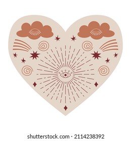 Symmetrical Mystical Heart with celestial and boho elements, clouds, comet, stars, eye. Decorative element for Valentine's day cards, packaging design. Color vector illustration isolated on white.