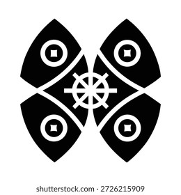 Logotipo de escudo náutico simétrico com roda de navio e símbolos de moeda antiga