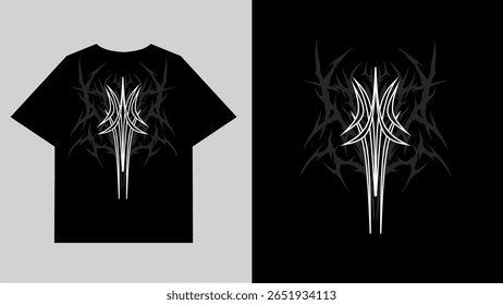Simétrico neotípica sigil com picos góticos escuros, perfeito para roupas de rua metalcore e vibrações de moda oculta