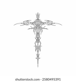 Symmetrical neo tribal sigilism tattoo vector design, cyber gothic sword shapes concept, free hand style. Great for Metal music cover print, grunge tshirt apparel print