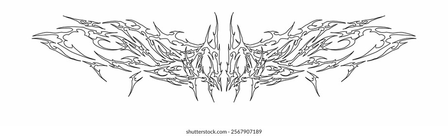 Symmetrical neo tribal vector design with sharp, intricate, and abstract linework. Ideal for tattoos, decorative elements, and modern tribal aesthetics