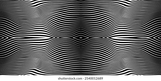 	
Symmetrical optical illusion with horizontal stripes. Abstract optical illusion wave with vertical black and white lines with distortion effect.