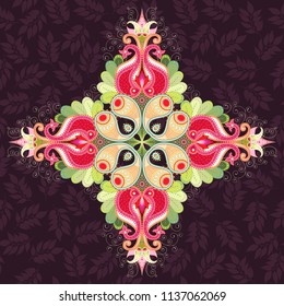 Symmetrical oriental pattern with paisley on a dark background with leaves.
