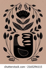 Symmetrical ornament with bird, flowers and leaves with different folk compositions. Motif in scandinavian style. Ethnic flat illustration with paper texture in black.