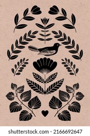 Symmetrical ornament with bird, flowers and leaves with different folk compositions. Motif in scandinavian style. Ethnic flat illustration with paper texture in black.