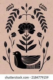 Symmetrical ornament with bird, flowers and leaves with different folk compositions. Motif in scandinavian style. Ethnic flat illustration with paper texture in black.