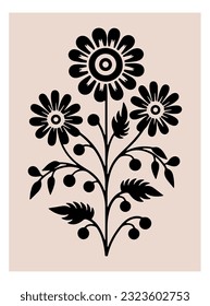 Symmetrical ornament with flowers and leaves, scandinavian folk art poster. Floral silhouette composition. Ethnic botanical vector illustration.