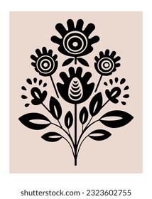 Symmetrical ornament with flowers and leaves, scandinavian folk art poster. Floral silhouette composition. Ethnic botanical vector illustration.