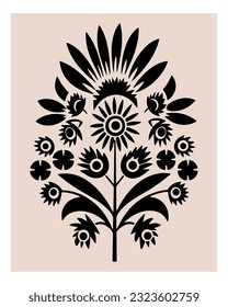 Symmetrical ornament with flowers and leaves, scandinavian folk art poster. Floral silhouette composition. Ethnic botanical vector illustration.