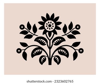 Ornamento simétrico con flores y hojas, afiche de arte folclórico escandinavo. Composición de silueta floral. Ilustración del vector botánico étnico.