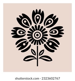 Symmetrical ornament with flowers and leaves, scandinavian folk art poster. Floral silhouette composition. Ethnic botanical vector illustration.