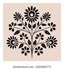 Symmetrical ornament with flowers and leaves, scandinavian folk art poster. Floral silhouette composition. Ethnic botanical vector illustration.