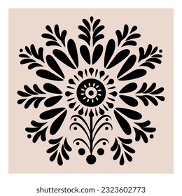 Symmetrical ornament with flowers and leaves, scandinavian folk art poster. Floral silhouette composition. Ethnic botanical vector illustration.