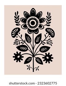 Symmetrical ornament with flowers and leaves, scandinavian folk art poster. Floral silhouette composition. Ethnic botanical vector illustration.