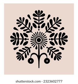 Symmetrical ornament with flowers and leaves, scandinavian folk art poster. Floral silhouette composition. Ethnic botanical vector illustration.