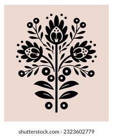 Symmetrical ornament with flowers and leaves, scandinavian folk art poster. Floral silhouette composition. Ethnic botanical vector illustration.