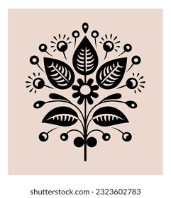 Symmetrical ornament with flowers and leaves, scandinavian folk art poster. Floral silhouette composition. Ethnic botanical vector illustration.