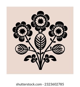 Symmetrical ornament with flowers and leaves, scandinavian folk art poster. Floral silhouette composition. Ethnic botanical vector illustration.