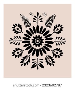 Symmetrical ornament with flowers and leaves, scandinavian folk art poster. Floral silhouette composition. Ethnic botanical vector illustration.