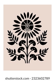 Symmetrical ornament with flowers and leaves, scandinavian folk art poster. Floral silhouette composition. Ethnic botanical vector illustration.