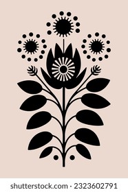 Symmetrical ornament with flowers and leaves, scandinavian folk art poster. Floral silhouette composition. Ethnic botanical vector illustration.