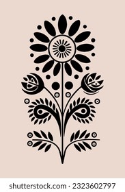 Symmetrical ornament with flowers and leaves, scandinavian folk art poster. Floral silhouette composition. Ethnic botanical vector illustration.