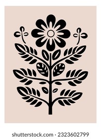 Symmetrical ornament with flowers and leaves, scandinavian folk art poster. Floral silhouette composition. Ethnic botanical vector illustration.