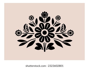 Ornamento simétrico con flores y hojas, afiche de arte folclórico escandinavo. Composición de silueta floral. Ilustración del vector botánico étnico.