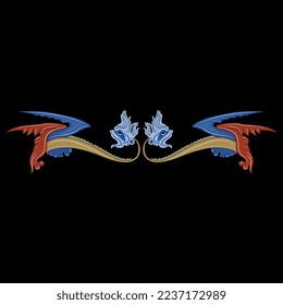 Symmetrical ornament or frame with two fantastic medieval winged dragons. Gothic illuminated manuscript design. On black background.