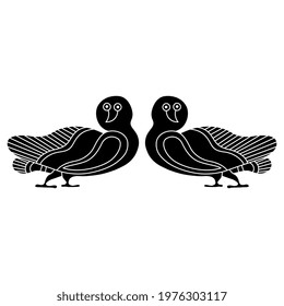 Symmetrical ornament or frame with two stylized funny owl birds. Ancient Greek animal motif. Vase painting style. Black and white negative silhouette.