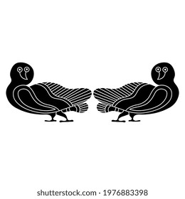 Symmetrical ornament or frame with two stylized funny owl birds. Ancient Greek animal motif. Vase painting style. Black and white negative silhouette.