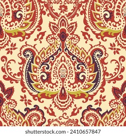 Symmetrical ornament stylized with leaves, branches and blooms. Damask motif for making carpets and wall and floor tiles. Seamless pattern, wallpaper or print background. Vector in flat style