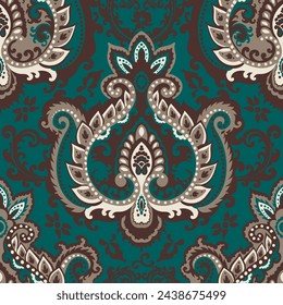 Symmetrical ornament stylized with leaves, branches and blooms. Floristic motif for making carpets and other home decor items. Seamless pattern, wallpaper print or background. Vector in flat style