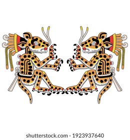 Symmetrical ornament with two jaguars. Native American art of Aztec Indians.
