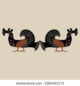 Symmetrical ornament with two stylized birds. Ancient Greek vase painting motif. Folk style.