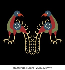 Symmetrical ornament with two stylized birds. Folk style. Medieval Russian animal design. On black background.