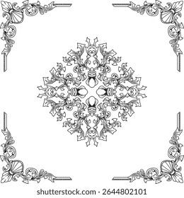 symmetrical ornamental illustratiion in classic style with elegant leaf and swirl motifs.
