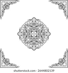 symmetrical ornamental illustratiion in classic style with elegant leaf and swirl motifs.