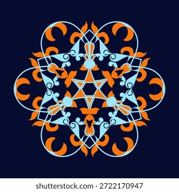 Patrón de mandala ornamental simétrico en azul y naranja sobre fondo oscuro