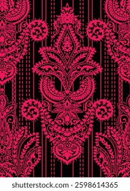 symmetrical ornamental pattern in pink on a black background, for textile, wallpaper, gift wrapping.