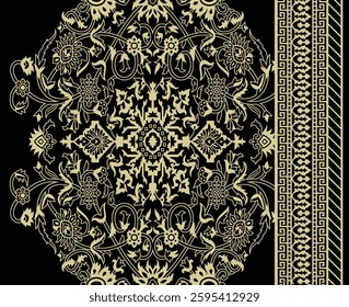 A symmetrical, ornate golden pattern on a black background with a decorative border, for textile, wallpaper, gift wrapping, print