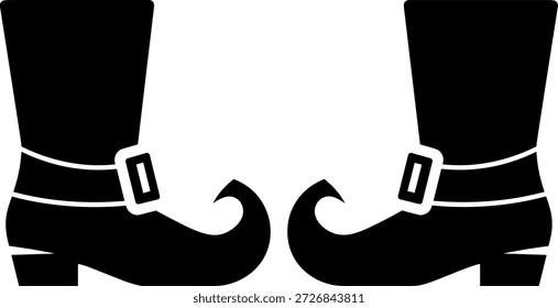 A symmetrical pair of black leprechaun boot silhouettes, perfect for holiday-themed greeting cards and flyers.