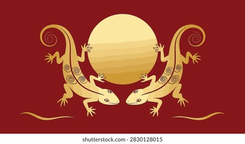 Symmetrical pair of golden stylized lizards facing each other around a central gold circle on a solid red background with intricate spiral patterns and elegant curled tails.