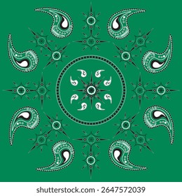 A symmetrical paisley mandala pattern with intricate details on a green background. This vector design features traditional bandana-style paisley elements arranged in a circular form, perfect for text