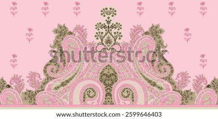 symmetrical paisley pattern in shades of pink and green, for textile, wallpaper, gift wrapping.