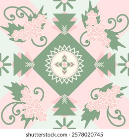 A symmetrical pastel pattern with floral motifs, geometric shapes, and decorative arrows in soft green, pink, and cream tones.