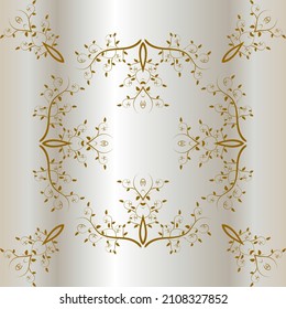A symmetrical pattern of abstract figures creates an ornament in the form of branches and leaves of a plant. Ornament on a gray, gradient background.