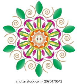 A symmetrical pattern of abstract shapes creates an ornament around a colorful flower. Ornament on a white background